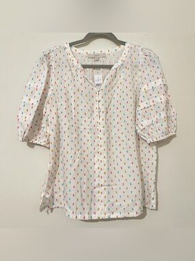 LOFT White Puff-Sleeve Button Front Top with Colorful Dot Print